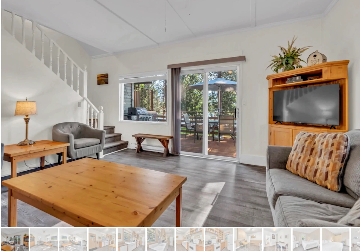 Olive Cabin Living area with exterior view of lake - Okanagan Resort rental accommodations on Skaha Lake - Ponderosa Point