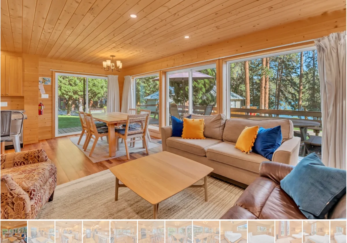 Olive Cabin Living area with exterior view of lake - Okanagan Resort rental accommodations on Skaha Lake - Ponderosa Point