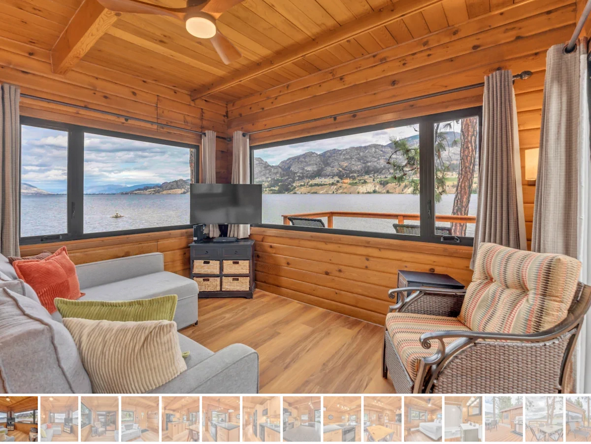 Olive Cabin Living area with exterior view of lake - Okanagan Resort rental accommodations on Skaha Lake - Ponderosa Point