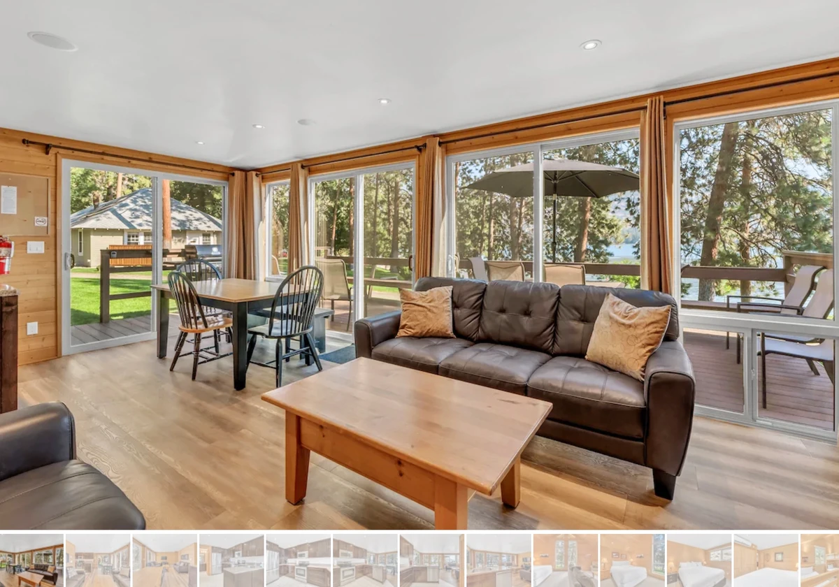 Olive Cabin Living area with exterior view of lake - Okanagan Resort rental accommodations on Skaha Lake - Ponderosa Point
