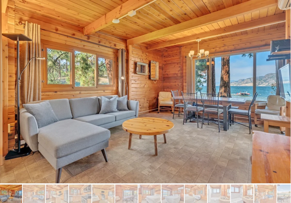 Olive Cabin Living area with exterior view of lake - Okanagan Resort rental accommodations on Skaha Lake - Ponderosa Point