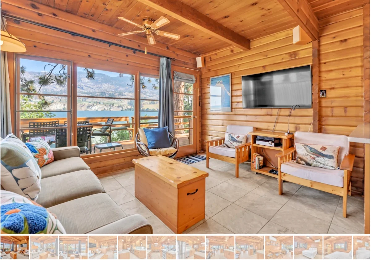 Olive Cabin Living area with exterior view of lake - Okanagan Resort rental accommodations on Skaha Lake - Ponderosa Point