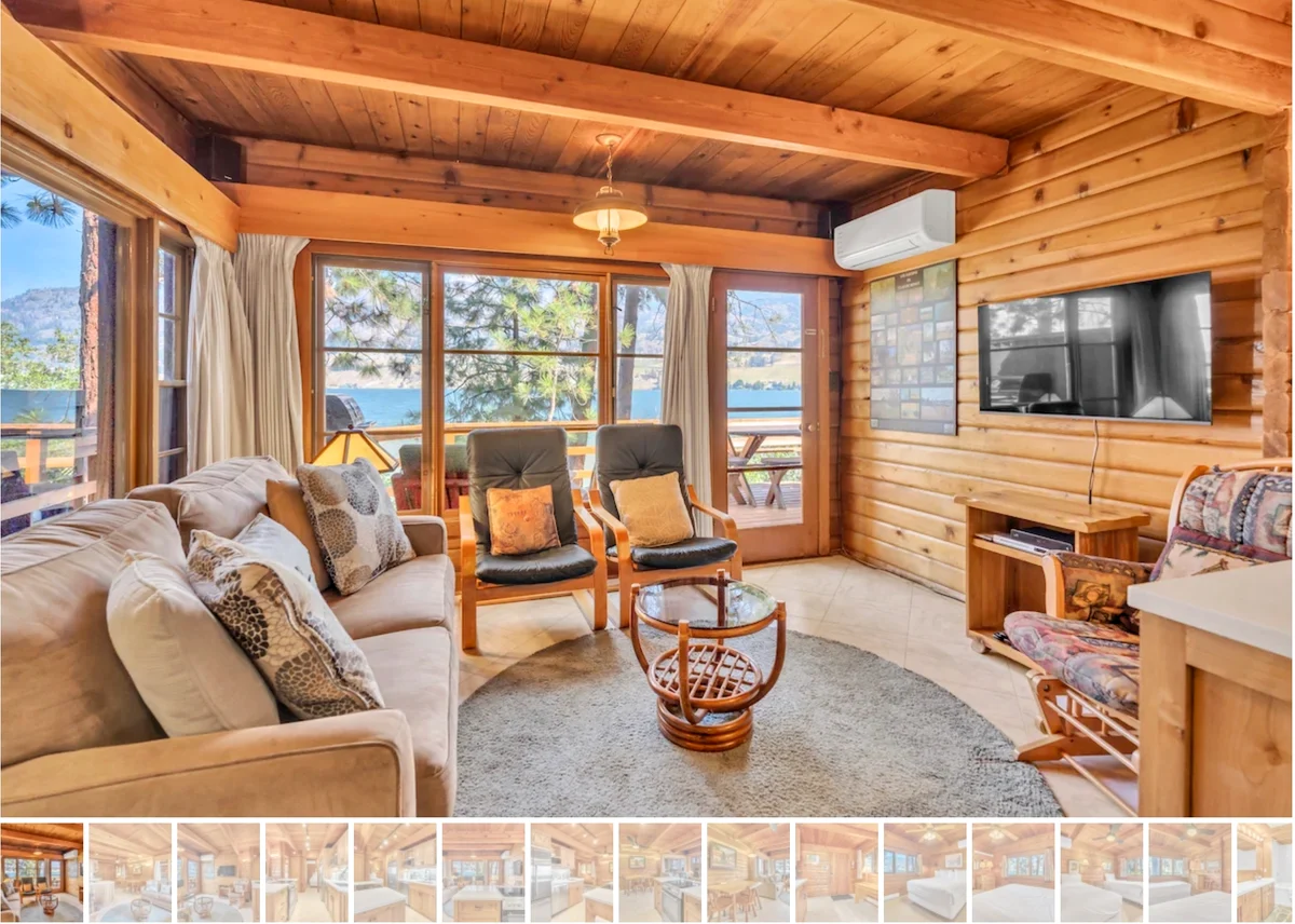 Olive Cabin Living area with exterior view of lake - Okanagan Resort rental accommodations on Skaha Lake - Ponderosa Point