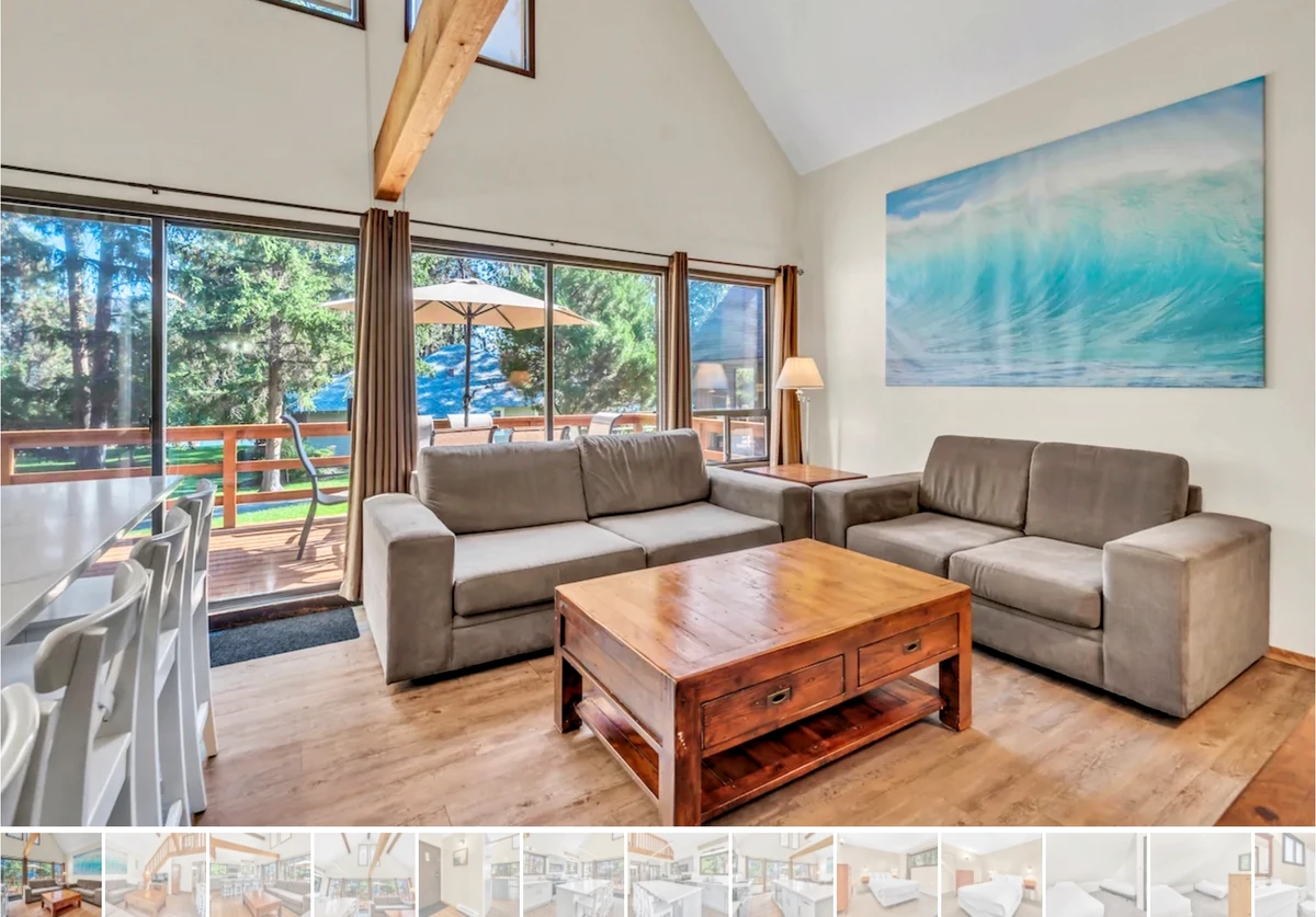 Olive Cabin Living area with exterior view of lake - Okanagan Resort rental accommodations on Skaha Lake - Ponderosa Point