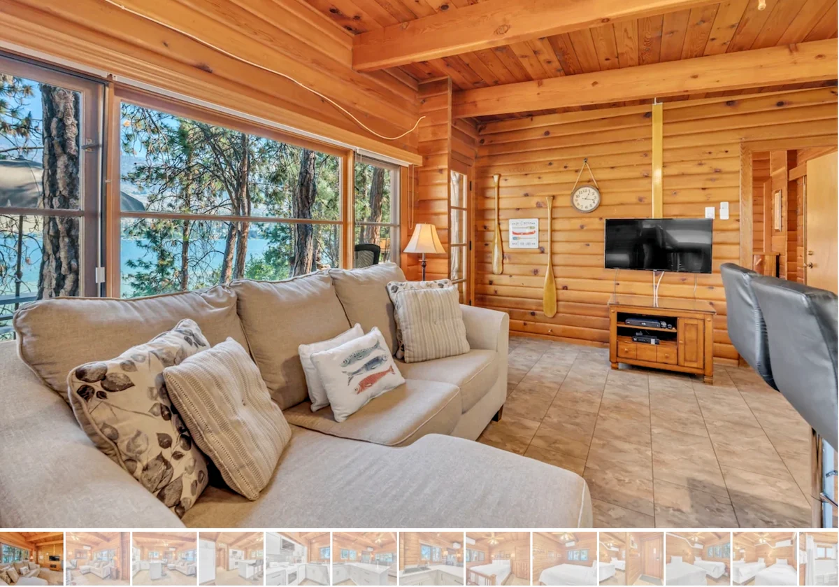 Olive Cabin Living area with exterior view of lake - Okanagan Resort rental accommodations on Skaha Lake - Ponderosa Point