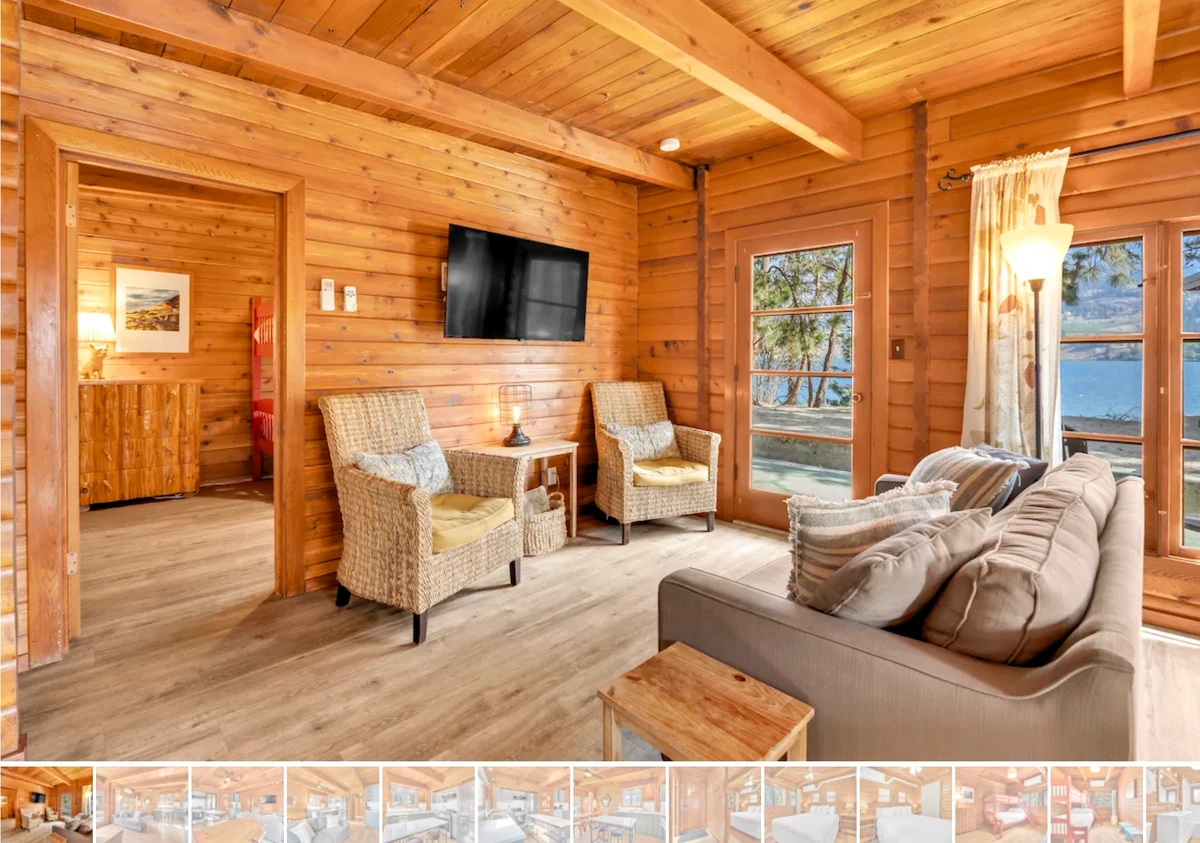 Olive Cabin Living area with exterior view of lake - Okanagan Resort rental accommodations on Skaha Lake - Ponderosa Point