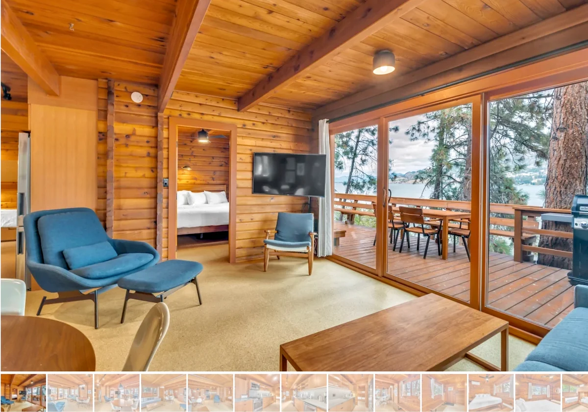 Olive Cabin Living area with exterior view of lake - Okanagan Resort rental accommodations on Skaha Lake - Ponderosa Point