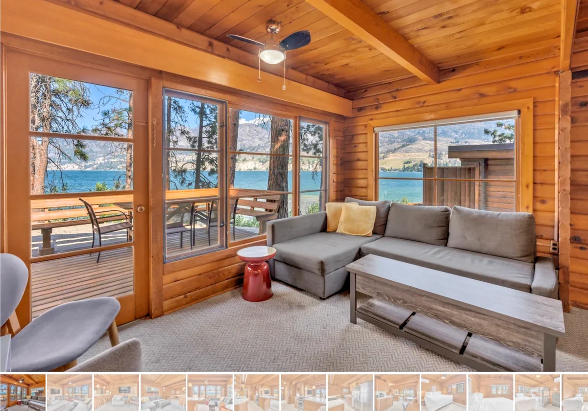 Olive Cabin Living area with exterior view of lake - Okanagan Resort rental accommodations on Skaha Lake - Ponderosa Point