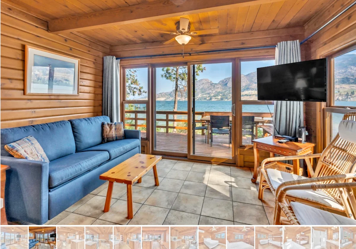 Olive Cabin Living area with exterior view of lake - Okanagan Resort rental accommodations on Skaha Lake - Ponderosa Point