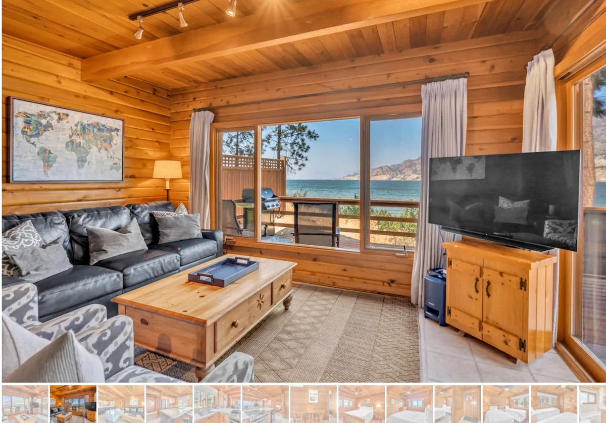 Olive Cabin Living area with exterior view of lake - Okanagan Resort rental accommodations on Skaha Lake - Ponderosa Point