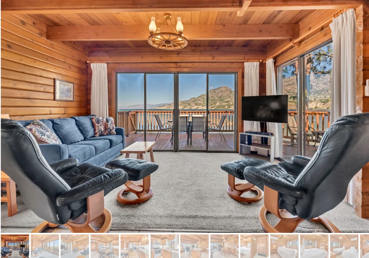 Olive Cabin Living area with exterior view of lake - Okanagan Resort rental accommodations on Skaha Lake - Ponderosa Point