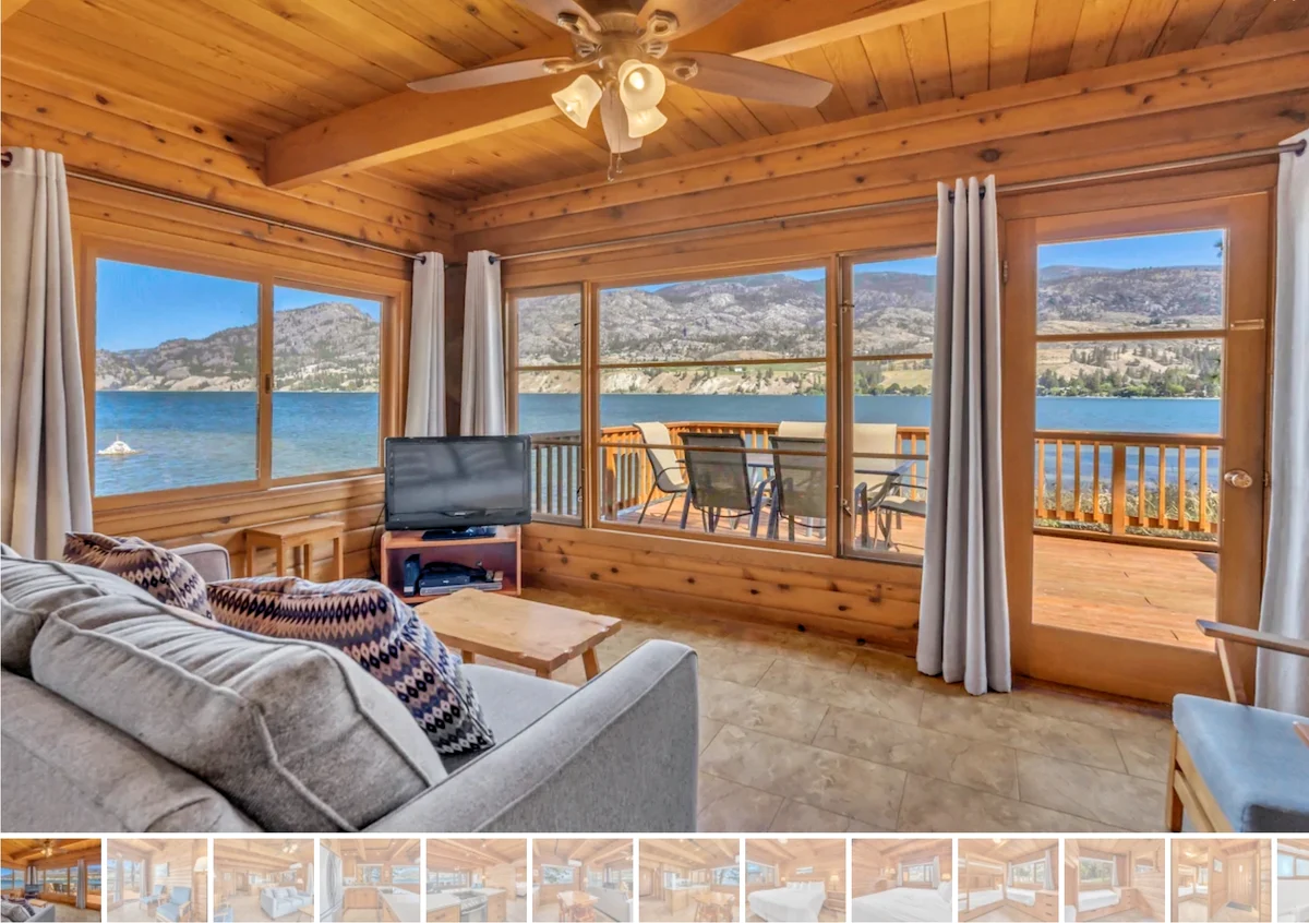 Olive Cabin Living area with exterior view of lake - Okanagan Resort rental accommodations on Skaha Lake - Ponderosa Point