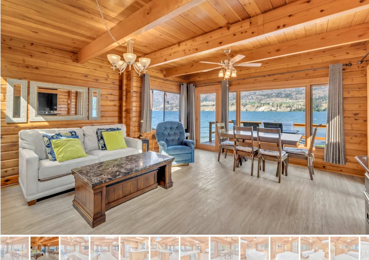 Olive Cabin Living area with exterior view of lake - Okanagan Resort rental accommodations on Skaha Lake - Ponderosa Point