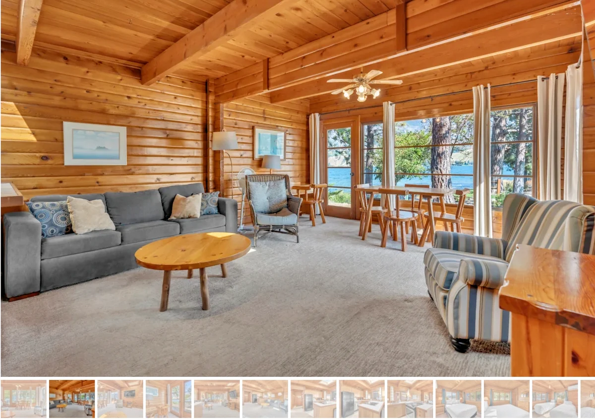 Olive Cabin Living area with exterior view of lake - Okanagan Resort rental accommodations on Skaha Lake - Ponderosa Point