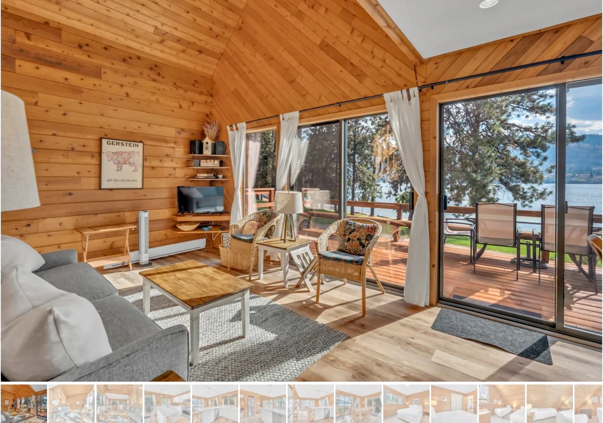 Olive Cabin Living area with exterior view of lake - Okanagan Resort rental accommodations on Skaha Lake - Ponderosa Point